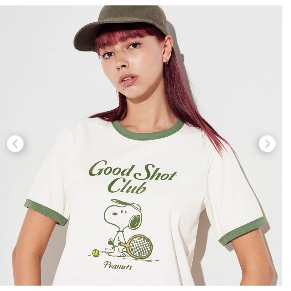 Uniqlo x Snoopy (s) White Good Shot Club Tennis Cream Green Ringer Graphic Tee